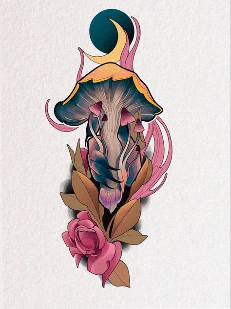 Neotrad Mushroom, Neo Traditional Tattoo Drawings, Neo Traditional Mushroom Tattoo, Tattoo Ideas Neo Traditional, Neo Tattoo Traditional, Neo Trad Flash, Small Neotraditional Tattoo, Neo Traditional Drawing, Neotrad Flash