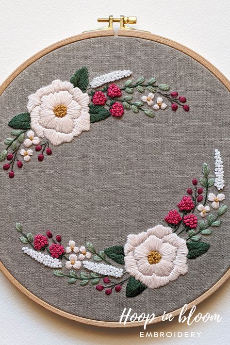 Peony and raspberry wreath embroidery PDF pattern. #embroidery #wreathembroidery #floralembroidery #peonyembroidery Raspberry Embroidery, Embroidered Peony, Pdf Pattern Embroidery, Peony Embroidery, Drawing Embroidery, Tshirt Embroidery, Bracelet Embroidery, Embroidery Animals, T Shirt Embroidery