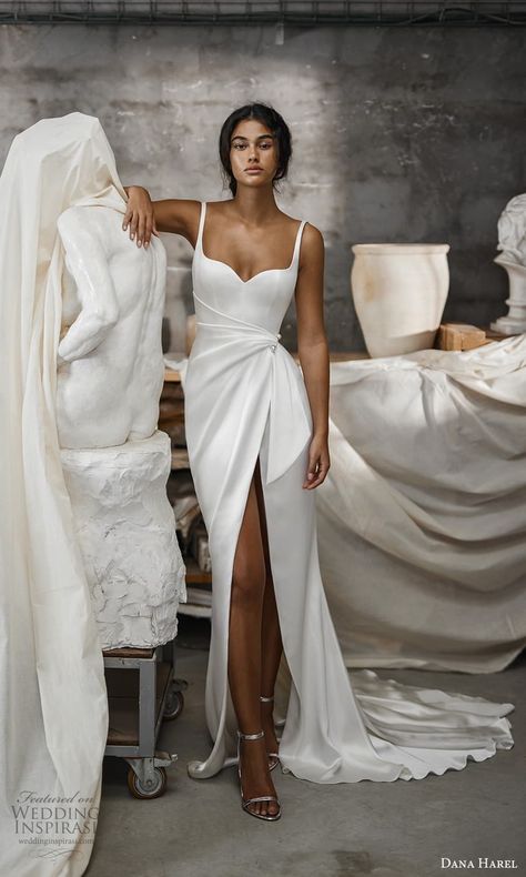 Beach Reception Dress Brides, Bride Wedding Weekend Outfits, Wedding Dresses Without Train, Column Sheath Wedding Dress, Dana Harel, 2022 Wedding Dresses, Grecian Wedding, Trends 2025, Wedding Inspirasi