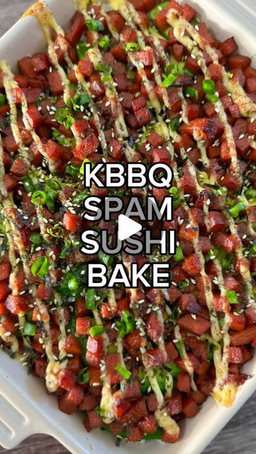 Vince Vasquez on Instagram: "Have you had the new Korean BBQ @spambrand ? It’s got a little heat, the flavor of sesame oil, and the savoriness you come to crave in a delicious loaf of SPAM. This went perfectly in the SPAM sushi bake I made with white rice, avocado, @ponofoodsco furikake (check the link in my bio to order) and a topping of Japanese mayo and green onions. So easy and delicious!  Ingredients  1 can SPAM Korean BBQ flavor cubed (or any flavor) Cooking spray 1 tbsp sugar 1 tbsp light soy sauce (2 tbsp if using plain SPAM) 1 tbsp mirin Cooked white rice Sliced avocado @ponofoodsco furikake Kewpie mayonnaise  Sliced green onions  1. In a skillet brown cubed SPAM over medium high heat. Add in mixture of sugar, soy sauce and mirin and lower heat to medium. Cook until sauce has redu Dairy Free Vegetable Recipes, Spam Sushi, Spam Musubi Recipe, Musubi Recipe, Baked Brown Rice, Japanese Mayo, Cooked White Rice, Rice Avocado, Spam Recipes