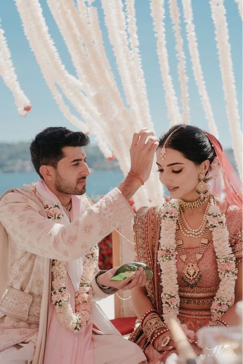 Regal Destination Wedding In Istanbul With A Backdrop Of The Bosphorous Destination Wedding Indian Locations, Wedding Couple Aesthetic, Destination Wedding Indian, Blue Indian Wedding, Me At My Wedding, Hindu Wedding Ideas, Regal Aesthetic, Wedding Couple Shoot, Christian Wedding Dress