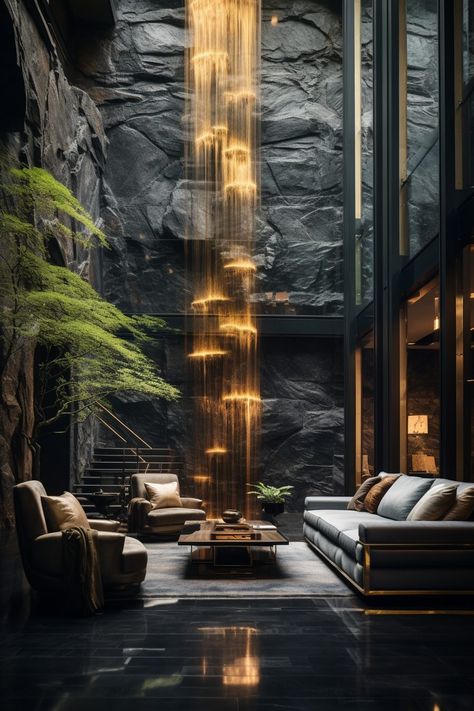 Luxurious Home Interior With Waterfalls Luxury Mansions Interior, Indoor Water Garden, Glamour Decor, Indoor Waterfall, Waterfall Wall, Waterfall Design, Garden Wallpaper, Architecture Model House, Indoor Fountain