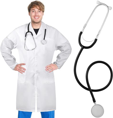 Enhance role-playing with a cozy Machine Wash Role Playing Suit. This reliable and versatile white lab coat, made of a cotton-polyester blend, is perfect for Halloween cosplay. Complete your look with a fully functional stethoscope. Stand out in themed parties or use for lab coats. Comfortable and durable, with adjustable ear tubes and wide-cut design. Ideal for accurate readings and evaluations. Plus, convenient side pockets for storage. Scientist Coat, Surgeon Costume, Scientist Costume, Ear Tubes, White Lab Coat, Doctor Costume, Coat Set, Men Halloween, Adult Halloween Party