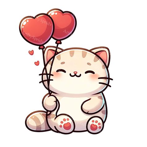 Cat Holding Balloon, Valentine Clip Art, Valentine Cartoon, Valentines Day Cartoons, Holding Heart, Balloon Illustration, Cat Digital, Easy Birthday, Valentines Png