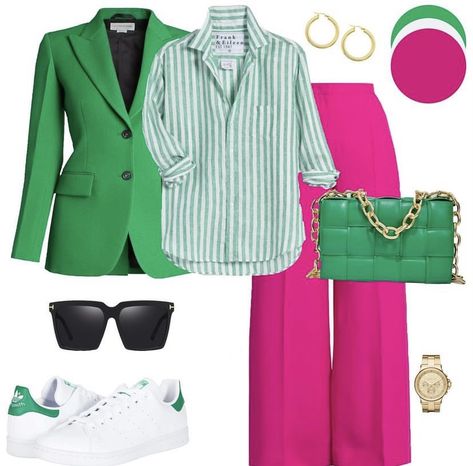 Green And White Combo Outfit, Neon Work Outfit, Pink And Green Business Casual, Pink And Green Sweater Outfit, Chartreuse Blazer Outfit, Pink And Green Summer Outfits, Blazer Fiusha Outfit, Green And Red Outfits For Women, Light Pink Pants Outfit Work