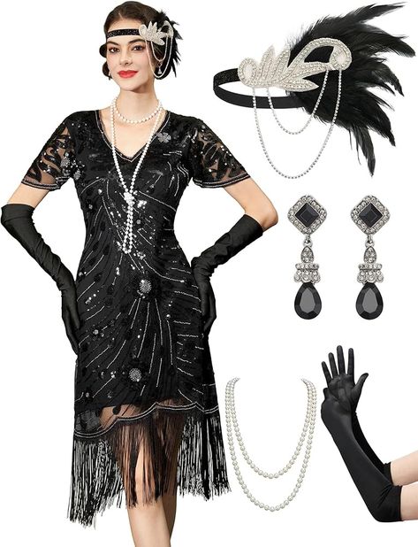 Amazon.com: YESSA Flapper Dresses 1920s Dresses for Women,Lace Neck Great Gatsby Dresses for Women Roaring 20s Dresses with Sleeve for Harlem Nights/Cocktail/Party-1920s Costumes,Black Gold,Medium : Clothing, Shoes & Jewelry Roaring 20s Costumes, Flapper Dresses 1920s, 20s Accessories, Roaring 20s Dresses, 20s Costume, Gatsby Dresses, Flapper Girls, Gloves Dress, Harlem Nights