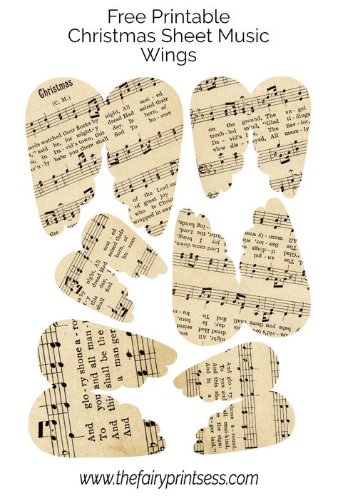 Sheet Music Angel Ornaments Diy, Pattern For Angel Wings, Vintage Paper Christmas Ornaments, Free Angel Wings Template, Diy Angel Wing Ornaments, Angel Wing Template Free Printable, Angel Wing Patterns Free Printable, Free Angel Printables, Angel Wings Template Free Printable