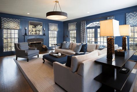 The Most Beautiful Blue Living Rooms - crisp and sophisticated,  Accents Et Details, Photo by Morris Gindi Photography Grey Family Room, Blue Living Room Color Scheme, Silver Living Room Decor, Blue Living Room Color, Blue Grey Living Room, Teal Living Room Decor, Silver Living Room, Dark Blue Living Room, Navy Living Rooms