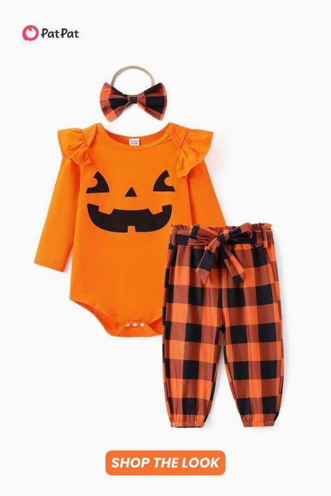 Get your baby ready for Halloween fun with this super cute Halloween outfit set for baby! With a fun jack-o-lantern print, it's a super cute look for baby pictures, trick-or-treating, or relaxing at home! Shop our Halloween Collection for more baby outfits and styles for everyone in the family at patpat.com! Cute Halloween Outfits, Romper Long Pants, Girls Halloween Outfits, Pumpkin Outfit, Headband Outfit, Pumpkin Face, Grid Print