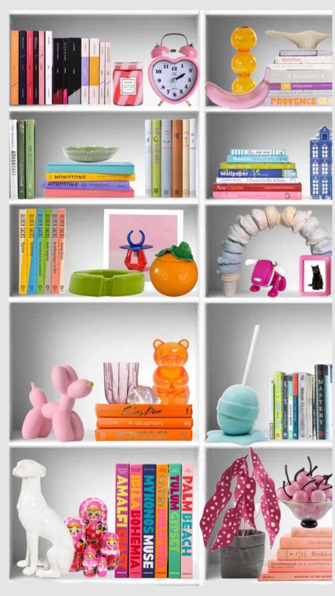 Preppy Bookshelf Decor, Preppy Shelves Decor, Preppy Shelves, Preppy Shelf Decor, Preppy Bookshelf, Orange Bookshelves, Quirky Bookshelf, Pretty Bookshelf, Colorful Bookshelves