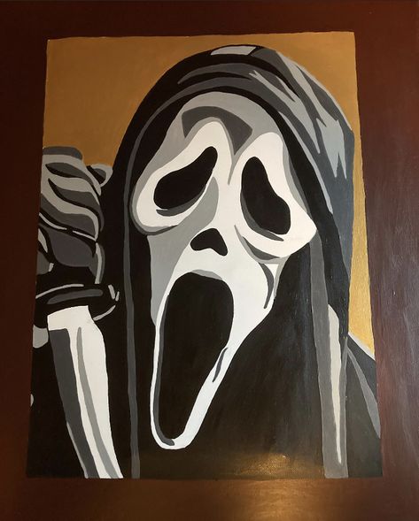 Easy Creepy Painting Ideas, Canvas Drawings Halloween, Ghostface Acrylic Painting, Grim Reaper Painting Acrylic, Painting Ideas On Canvas Edgy, Scream Face Painting, Michael Myers Painting Canvases, Horror Movie Painting Ideas, Horror Characters Painting