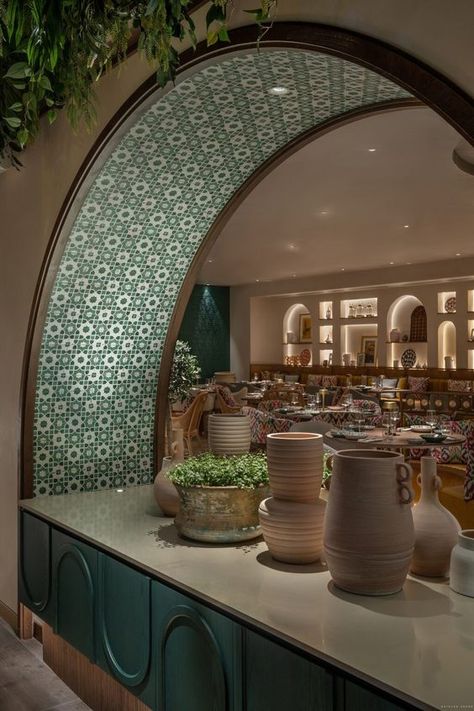 Bar Tiles Design, Arabian Restaurant Interior Design, Peranakan Restaurant, Rooftop Restaurant Design, Modern Restaurant Design, Greek Restaurants, Interior Design Presentation, Coffee Shops Interior, Modern Restaurant