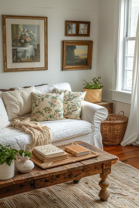 French House Aesthetic Interior, Eclectic French Country Living Room, Cottage Living Room With Tv, Cozy Cottage Apartment, Home Vintage Aesthetic, Cottage Core Interior Design Living Room, Small Country Cottage Interiors, Cottage Boho Decor, Cottage Core Decor Living Room