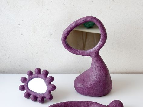 Paper Mache Objects, Polina Miliou, Porcelain Paper Clay Sculpture, Paper Pulp Sculpture, Paper Pulp Furniture, Paper Mache Jewelry Holder, Paper Pulp Art, Painted Mirror Art, Bright Furniture