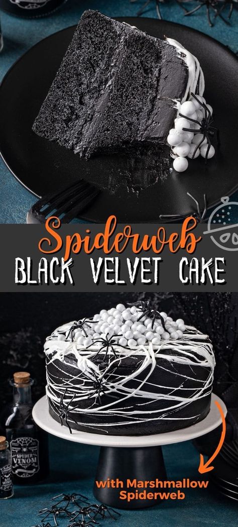 Black Velvet Cake Recipe, Black Velvet Cake, Black Velvet Cakes, Halloween Cake Recipes, Butternut Bakery, White Food Coloring, Spooky Cake, Halloween Cake Decorating, Black Cocoa