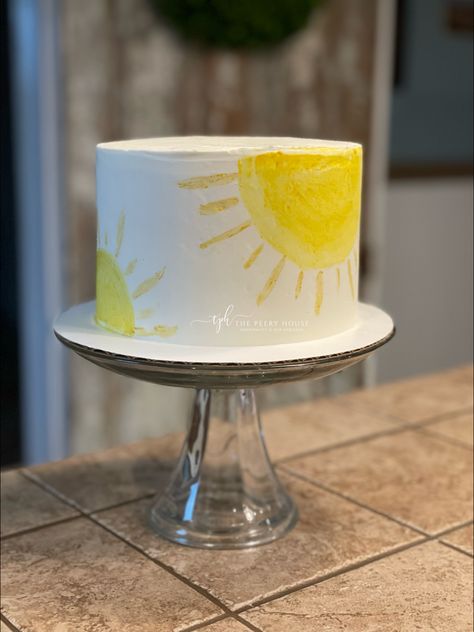 Sun Cake Birthday, Birthday Cake Sun, Birthday Around The Sun, Sun Themed Cake, Here Comes The Sun Cake, Sun Smash Cake, Halfway Around The Sun, Chocolate Carmel Cake, Boho Sun Cake