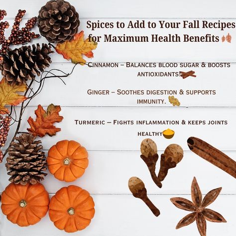 As the weather cools down, it's the perfect time to warm up your kitchen with seasonal spices! 🍁 These fall favorites not only add amazing flavor but also pack in powerful health benefits! ✨ ✨ Add these super-spices to soups, stews, or even teas for a cozy, health-boosting fall vibe. 🍲🍂 Let us know which one you’ll try first in the comments! 👇 #FallFlavors #HealthBenefits #SpicesForHealth #FallRecipes #HealthyEating #WellnessTips #SpiceUpYourLife For more health benefits of spices, visit www... Cozy Soups, Seasonal Drinks, Autumn Recipes, Baked Treats, Turmeric Tea, Spice Tea, Herbal Healing, Soups Stews, No Bake Treats