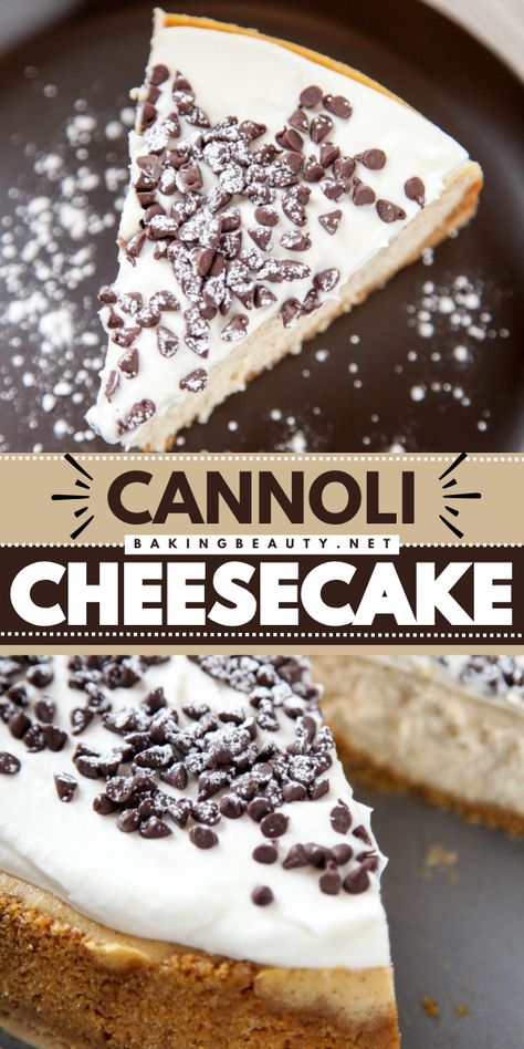 Here's the best cannoli cheesecake ever! Supply your sweet treats for Valentine's Day with this cannoli cheesecake that features a rich base made with ricotta and mascarpone. Plus, it's topped off with plenty of chocolate chips. Yum! Wave Your Flag Cheesecake, Cannoli Dessert Ideas, Canoli Cheesecake Recipes, Best Cheesecake Flavors, Holiday Cheesecake Recipes Christmas, Gf Cheesecake Recipes, 4 Inch Cheesecake Recipes, Canoli Cheesecake, Xmas Cheesecake