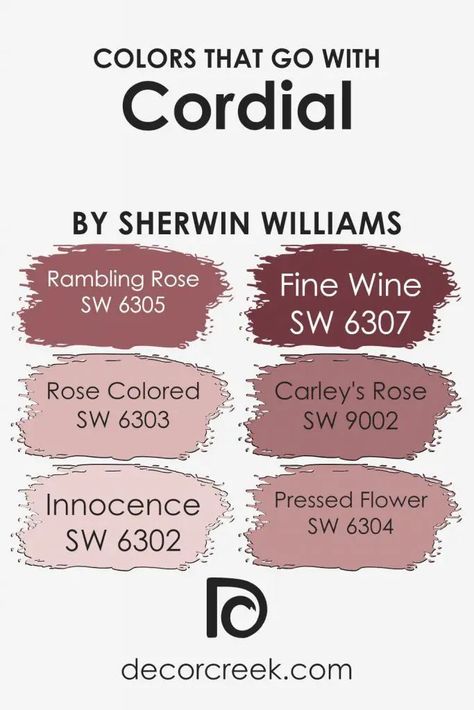 Colors that Go With Cordial SW 6306 by Sherwin Williams Pairing Colors, Red Paint Colors, Rambling Rose, Trim Colors, Olivia Rose, Red Paint, Cordial, Pressed Flower, Fine Wine