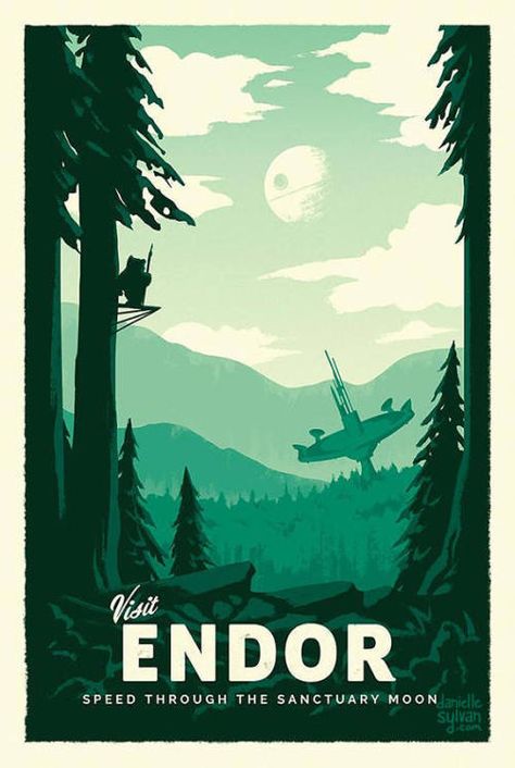 Star Wars Retro Travel Poster: Endor - Danielle Sylvan Star Wars Travel Posters, Star Wars Logos, Avatar Art, Star Wars Planets, Star Wars Painting, Star Wars Quotes, Heroic Fantasy, Image Swag, Star Wars Tattoo