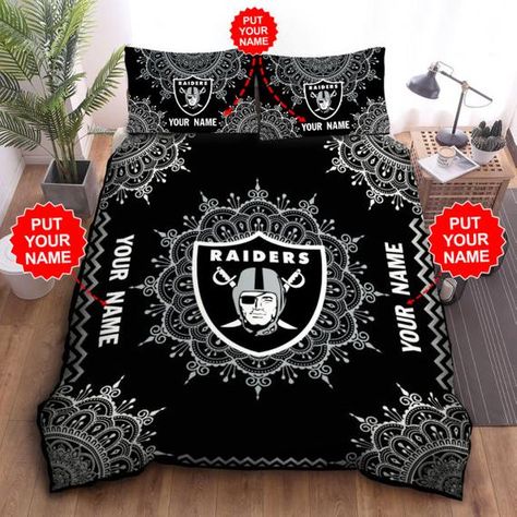 Las Vegas Raiders Bedding set, Custom name bedding set, Las Vegas Raiders fans bedding, Las Vegas Raiders Football set, NFL fans gift NGPRODUCT DETAILS:* Soft, skin-friendly, breathable, comfortable bedding set* Environmentally friendly dye in the process of printing* Not fade after repeated washing.* Ties at the four corner to hold the comforter and adopt zipper closure. Lgbtq Bedroom, Las Vegas Raiders Logo, Raiders Logo, 3d Bedding Sets, 3d Bedding, New Bedding, Las Vegas Raiders, Print 3d, Quilt Sets Bedding