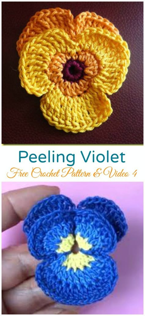 Peeling Violet Crochet Free Pattern - #Crochet; #Pansy; Flower Free Patterns Crochet Violet Flower Free Pattern, Violet Crochet Pattern Free, Crochet Pansy Flower Free Pattern, Crochet Violet Flower, Crochet Violets Free Pattern, Crochet Pansy Pattern Free, Crochet Flower Patterns Free, Tiny Crochet Flowers, Crochet Violet