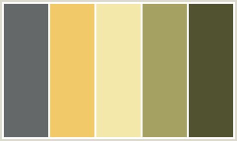 ColorCombo208 - ColorCombos.com color palettes, color schemes, color combos with hex colors codes #656868, #F2C968, #F3E7A9, #A5A162, #515230 and color combination tags CORDUROY, CREAM CAN, GREEN SMOKE, LIGHT BLUE, VERDIGRIS, WHEAT, YELLOW, YELLOW, YELLOW GREEN, YELLOW ORANGE. Exterior Paint Combinations, Best Exterior House Paint, Exterior House Paint Color, Paint Color Combinations, Exterior House Paint, House Paint Color Combination, Exterior House Colors Combinations, Color Combinations Paint, Exterior House Paint Color Combinations