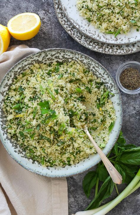 Lemon-Herb Couscous - Domesticate ME Herb Couscous Recipes, Carribean Salad, Herby Couscous, Herb Couscous, Everyday Dinners, Mediterranean Meals, Veg Soup, Couscous Recipes, Herb Salad