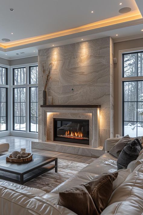 35 Fireplace Accent Wall Ideas for a Cozy Home Touch Transitional Fireplace Wall With Tv, Fireplace Wall With Windows, Wallpaper Fireplace Wall, Fireplace Accent Wall Ideas, Tv Unit Table, Fireplace Between Windows, Fireplace Wallpaper, Accent Walls Ideas, Tiled Fireplace Wall