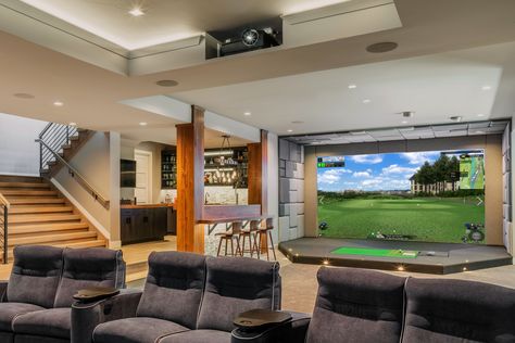 Golf Man Cave, Simulator Room, Home Golf Simulator, Indoor Golf Simulator, Golf Simulator Room, Golf Room, Indoor Golf, Dream Basement, Golf Simulator