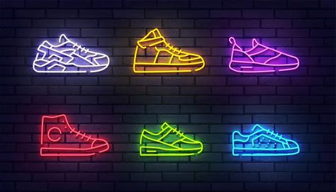 Shoes Neon Sign, Neon 2023, Wall Illustration, Hipster Accessories, Neon Shoes, Neon Retro, Pastel Blue Background, Shoe Poster, Basketball Accessories