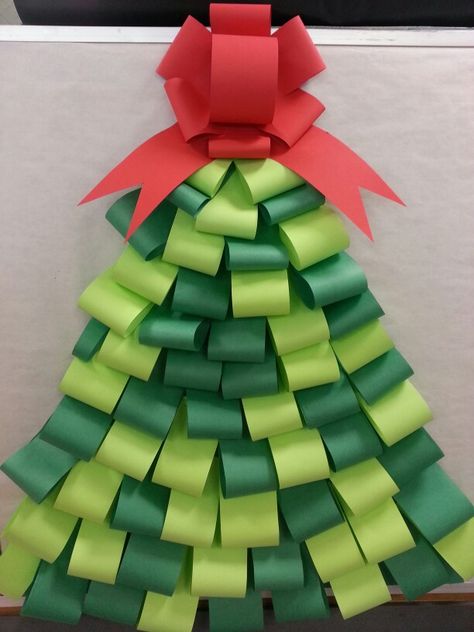 Christmas tree. Kindergarten. Bulletin board. Paper Christmas Tree Bulletin Board, Classroom Wall Christmas Tree, Paper Christmas Tree For Wall, Paper Christmas Tree Wall Classroom, Christmas Tree For Bulletin Board, 3d Christmas Tree Bulletin Board, Bulletin Board Christmas Tree, Christmas Decoration Classroom, Christmas Tree Construction Paper