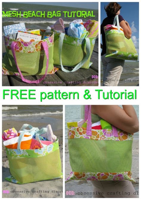 This Mesh Beach Tote Bag is such a simple and practical idea and as a bonus the pattern and tutorial are FREE.  This cool mesh material of soft plastic comes in a variety of bright colors. If you don't want to use mesh, then this bag would look equally cute substituting a canvas material. #BeachBag #FreeSewingPattern #FreeBagPattern #ToteBagPattern #FreeToteBagPattern Beach Bag Tutorials, Diy Beach Bag, Beach Bag Pattern, Tote Bag Pattern Free, Mesh Beach Bags, Mesh Tote Bag, Bag Pattern Free, Modern Bag, Beach Tote Bag