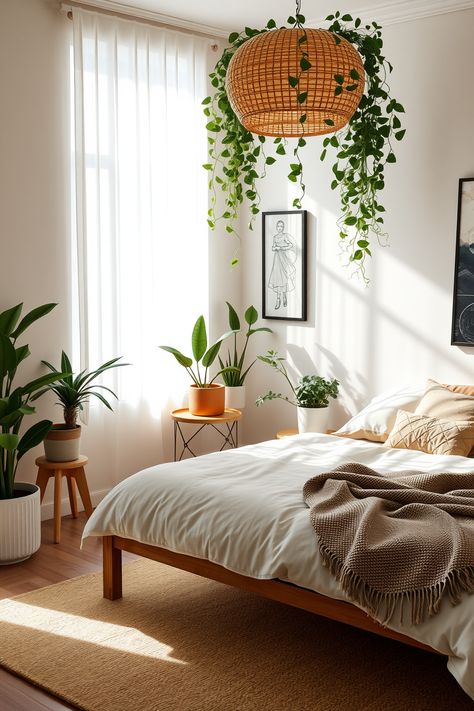 15 Ideas and Inspiration for Plant Theme Bedrooms – bedroomideas.fun Biophilic Bedroom, Hippy Bedroom, Plant Ladder, Theme Bedrooms, Botanical Display, Colorful Planters, Bedroom Oasis, Botanical Wallpaper, Macrame Plant Hangers