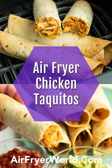 Air Fryer Chicken Flautas or Taquitos - AirFryerWorld.com Air Fryer Chicken Flautas, Air Frying Chicken, Flautas Recipe, Frying Chicken, Chicken Flautas, Mexican Food Dishes, Pre Cooked Chicken, Chicken Taquitos, Cooking Chicken