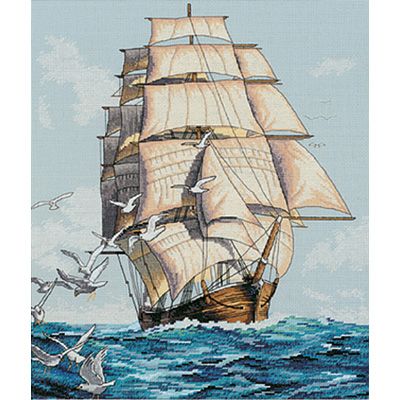 . Dimensions Cross Stitch, Navi A Vela, Old Sailing Ships, Clipper Ship, Cross Stitch Landscape, Vintage Boats, Completed Cross Stitch, Counted Cross Stitch Kits, A Cross