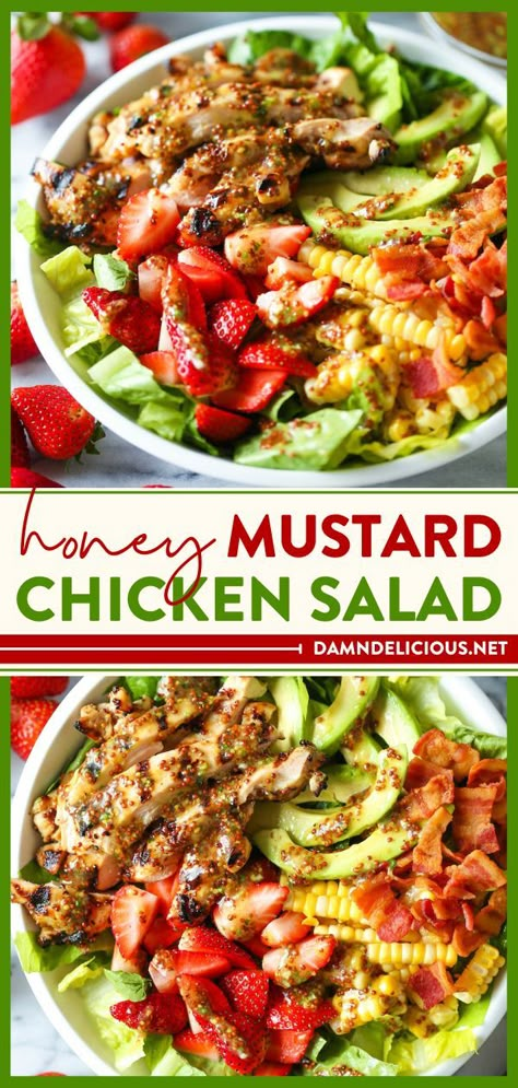 This summer salad is a must-have 4th of July food! With a marinade that doubles as a dressing, this honey mustard chicken salad recipe is a winner. Definitely the perfect side dish for BBQs! Honey Mustard Chicken Salad, Mustard Chicken Salad, Green Salad Recipes, Spring Dinner, Honey Mustard Chicken, Mustard Chicken, Grilled Chicken Salad, Lake Food, Camping Recipes