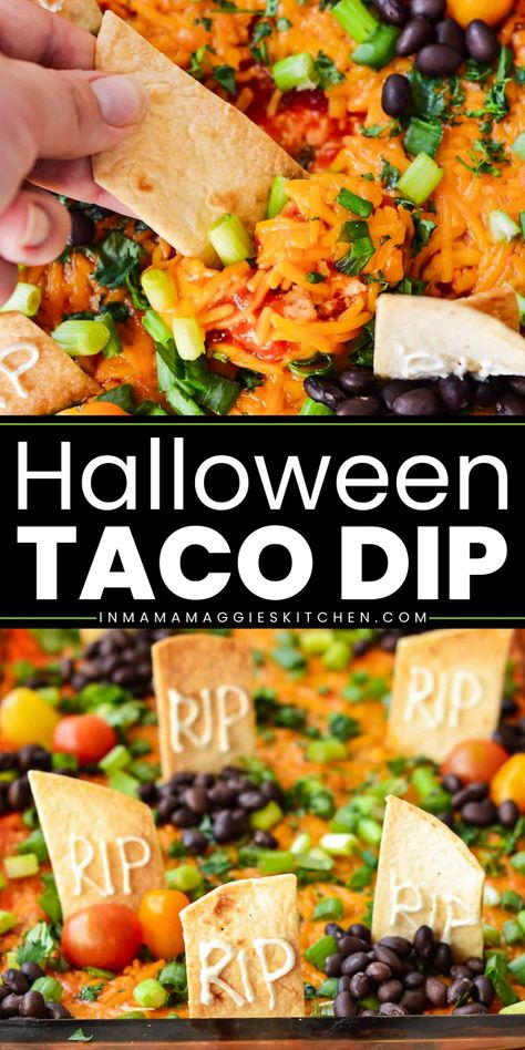 Spook up your party with Halloween Taco Dip, the best Halloween appetizer recipe! Featuring refried beans, taco seasoning, tomato salsa, and topped with Tortilla tombstones, this dip is the best Mexican appetizer recipe. Try it today and get into the spooky spirit! Halloween Nacho Dip, Tombstone Taco Dip, Spooky Taco Dip, Taco Dip Halloween Party, Halloween Bean Dip, Taco Dip Halloween, Halloween Dip Recipes, Spooky Dips For Halloween, Graveyard Taco Dip Recipe