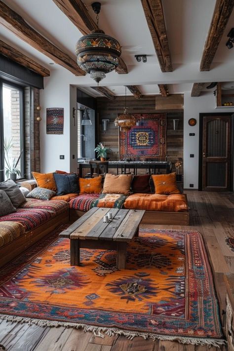 Global Eclectic Decor Inspiration, Low Seating Living Room, Global Eclectic Decor, Eclectic Decor Inspiration, Boho Rooms, Maximalist Boho, Boho Living Room Ideas, Casa Interior, Men Cave