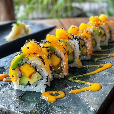 Enjoy the vibrant flavors of these Sushi Rolls with Mango and Chili, perfect for a refreshing and spicy twist on traditional sushi! 🍣🥭🌶️✨ Mango Roll Sushi, Mango Sushi Roll, Spicy Sushi, Mango Sushi, Traditional Sushi, Sushi Aesthetic, Chili Mango, Tiktok Recipes, Sushi Recipes