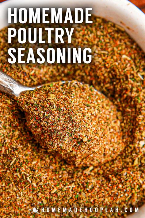 Homemade Poultry Seasoning! This kitchen-staple homemade poultry seasoning is made with a mix of dried herbs like sage, thyme, and rosemary, along with aromatic garlic and onion powders. | HomemadeHooplah.com Recipe For Poultry Seasoning, Diy Poultry Seasoning, The Best Chicken Seasoning, Herb Mixes Recipes, Mixed Herbs Recipe, How To Make Poultry Seasoning, Diy Poultry Seasoning Recipe, Poultry Seasoning Recipe Simple, Homemade Poultry Seasoning