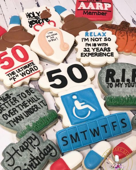 Britney Macha on Instagram: “Over the hill 💊5️⃣0️⃣👴🏼 #cookier #cookiedecorating #cookielove #bssweetlifecookies #overthehillcookies #50thbirthdaycookies #aarpcookies…” 50 Birthday Cookies For Men, Over The Hill Cookies Decorated, 50th Birthday Cookies For Men Funny, Cookie Ideas For 50th Birthday, 50 Th Birthday Cookies, Over The Hill Cookies, 50th Birthday Cookies, Over The Hill Party Ideas, Over The Hill Cupcakes 50th Birthday