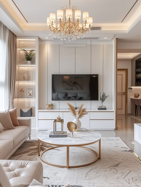 Gold Accent Interior Design, Neutral And Gold Apartment, Interior Design With Gold Accents, White Tv Units Living Room, Gold White Living Room, Cream White Living Room, Living Room Modern Ideas, White And Beige Living Room, Cream And Gold Living Room