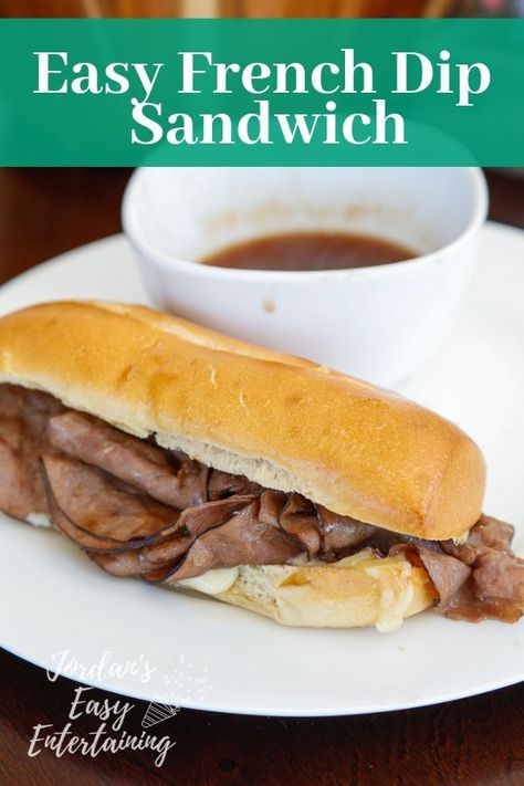 This easy french dip sandwich recipe is quick and delicious! With only a few simple ingredients and a crazy easy au jus sauce, you'll have an impressive lunch ready in no time! Easy French Dip Sandwich | Hot Sandwich Recipes | Lunch Sandwich Recipes | Roast Beef Sandwich Recipes | Baked Sandwich Recipes | French Bread Sandwich Recipes | Oven Baked Sandwich Recipes | Lunch Recipes | Easy Recipes | Beef Recipes | #jordanseasyentertaining Lunch Sandwich Recipes, Hot Roast Beef Sandwiches, Roast Beef Sandwich Recipes, Hot Sandwich Recipes, Beef Sandwich Recipes, Baked Sandwiches, French Dip Sandwiches, Roast Beef Sandwich, Dip Sandwiches