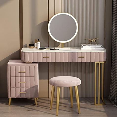 Vanity Table, Vanity Set with Cushioned Stool, Drawers, Makeup Dressing Table with LED Luminous Mirror for Girls Women（Sintered Stone Top） Gray and Pink Girls Dressing Table, Aesthetic Interior Design, Dressing Chair, Dressing Table Design, Dressing Table Vanity, Make Up Desk Vanity, Dressing Table Set, Stool Design, Dressing Room Design