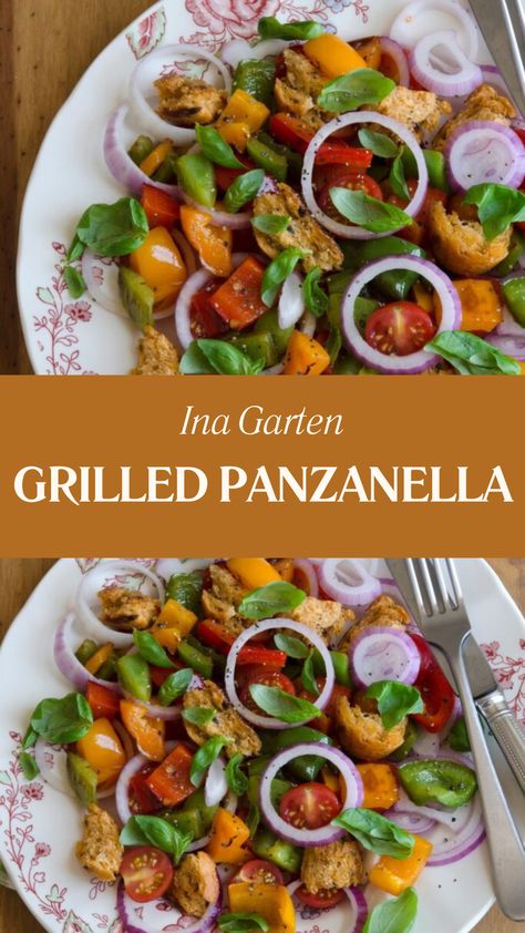 Ina Garten Grilled Panzanella Panzanella Salad Recipe, Panzanella Recipe, Grilled Peppers, Panzanella Salad, Red Onion Relish, Grilled Bread, Homemade Dressing, Pickled Red Onions, Mixed Vegetables