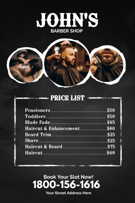 Design created with PosterMyWall Barber Shop Poster, Barber Poster, Poster Price, Hair Salon Marketing, Barber Shop Interior, Poster Template Design, Shop Poster, Price List Template, Beard Trimming