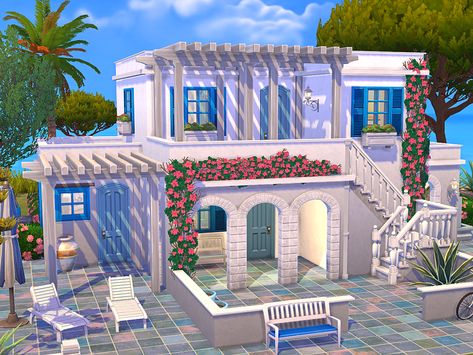 Greek Summer House, Sims 4 No Cc House, Greek Style House, Modern Greek House, No Cc Sims, Italian House Plans, Greek Style Home, Greek Homes, Greek Buildings