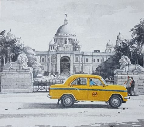 Kolkata City Drawing, Kolkata Painting, Victoria Painting, Taxi Drawing, Memorial Painting, Victoria Memorial, Whimsical Art Journal, Bengali Art, Emoji Drawings