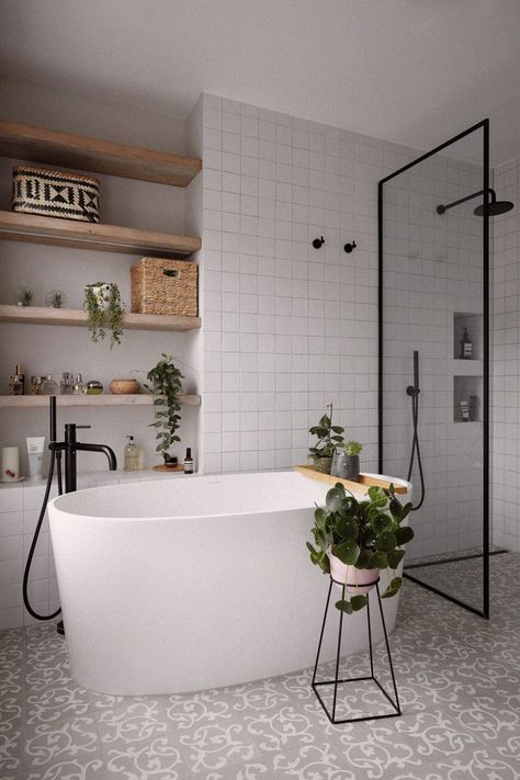 Scandinavian bathroom Cozy Scandinavian Bathroom, Scandi Bathroom Ideas Master Bath, Bathroom Tiles Scandinavian, Scandinavian Bathroom With Bathtub, Scandi Ensuite, Nordic Bathroom Scandinavian Style, Scandi Interior Design, Bathroom Cottage, Cozy Scandinavian